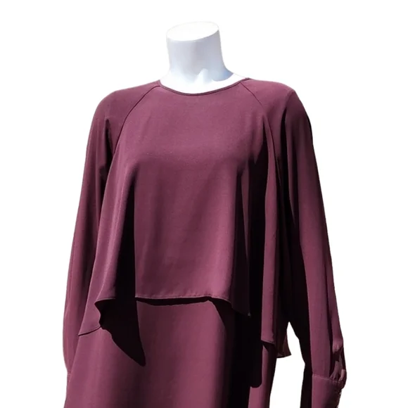WHO WHAT WEAR WWW Burgundy Chiffon Caplet Dress L Cape Long Sleeve MODEST - Picture 14 of 16